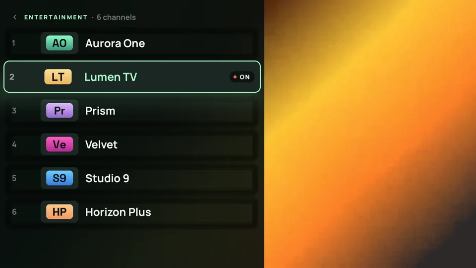 Channel list shown over live video, the current channel marked ON