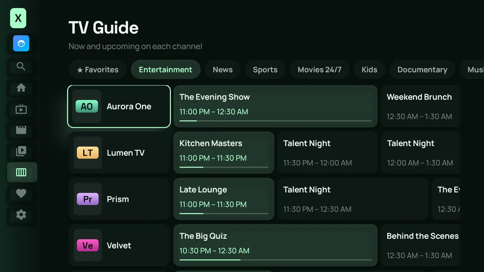 TV Guide with a timeline of programmes per channel
