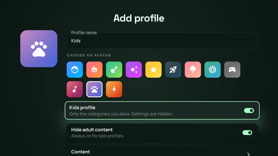 Profile editor with Kids profile switched on and adult content hidden automatically