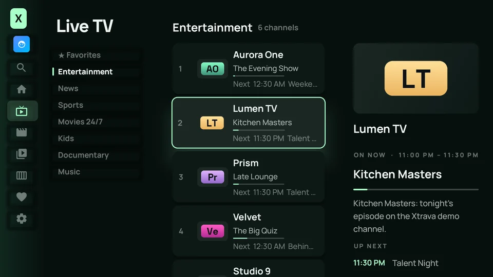 Live TV with categories, channels and the focused channel's preview
