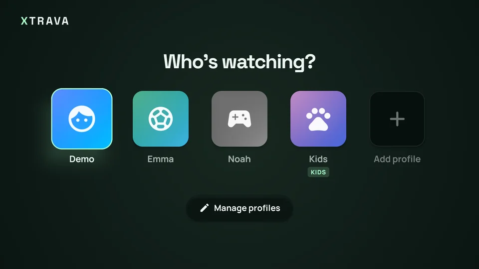 Who's watching screen with four profiles, including a kids profile